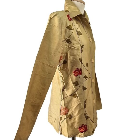 DB Sport 70s Gold Silk Embroider Fitted Blouse Sz S Collared Button Up Long Slv - Picture 3 of 9